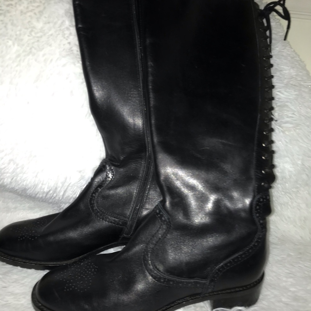 Franco Sarto Black Leather Knee Lace Up Boots